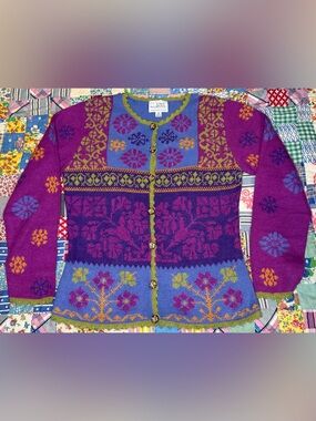 Alpaca Imports Wool Knit Floral Snowflake Fair Isle Cardigan Sweater SM